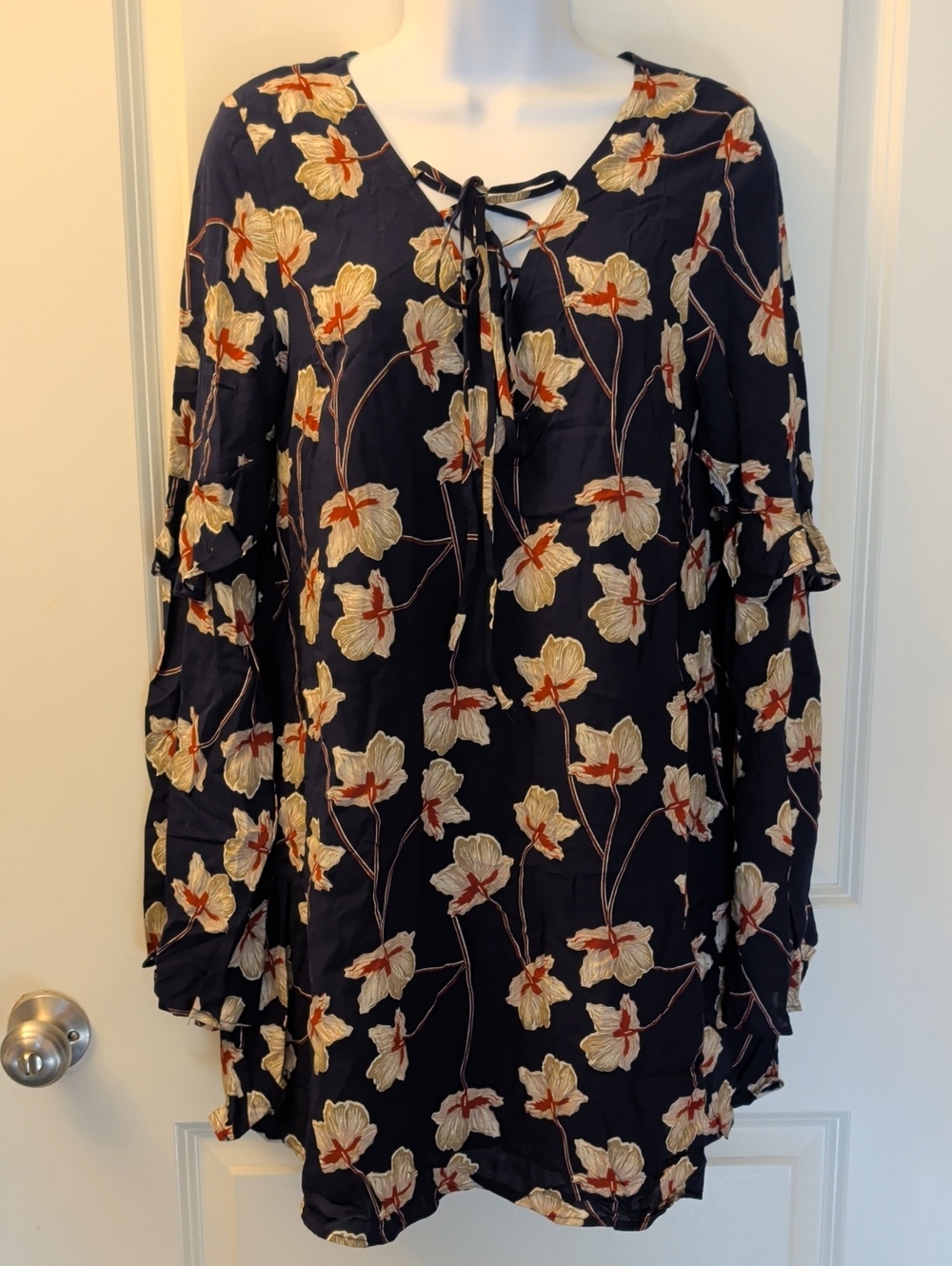 Love Riche Navy Floral Long-Sleeve Tie-Front Tunic Dress